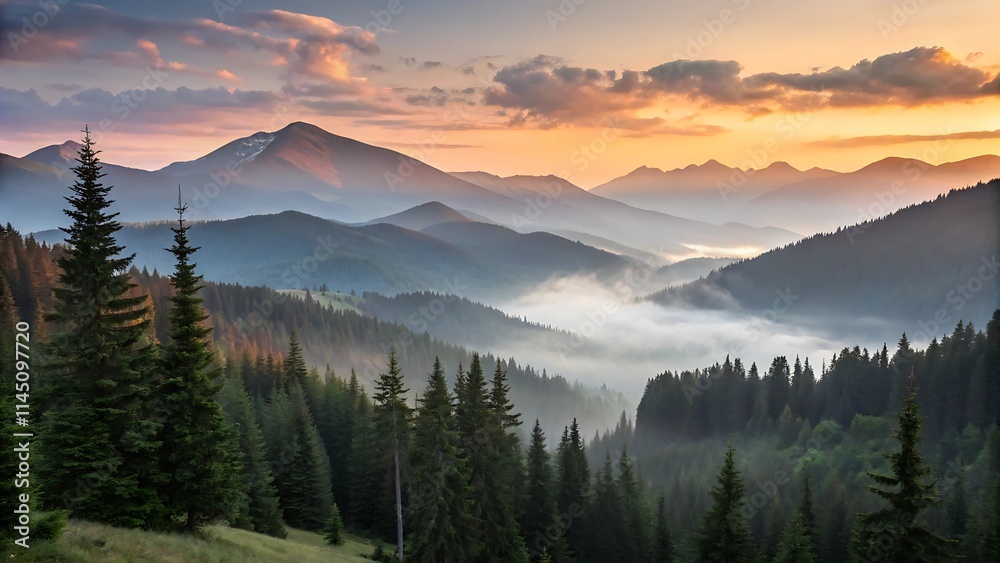 Fototapeta premium Serene Mountain Landscape with Misty Sunrise Over Pine Forests