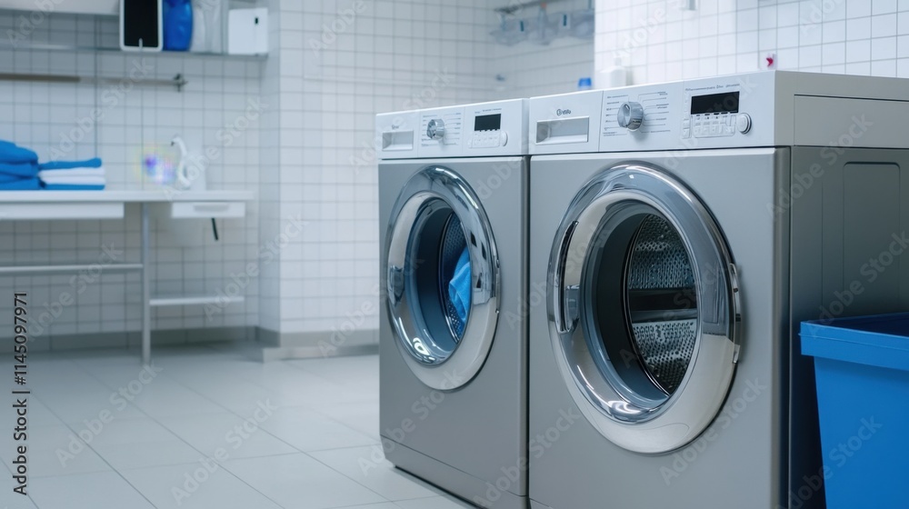 Modern Laundry Room with Silver Washers and Clean Towels in a Bright, Functional Environment Modern Laundry Room with Silver Washers and Clean Towels in a Bright, Functional Environment
