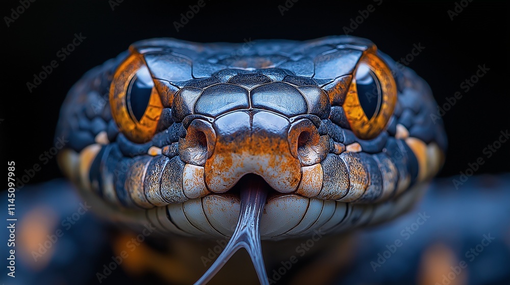 Fototapeta premium Macro shot of a serpents head, showcasing intricate scale patterns, piercing eyes, and forked tongue
