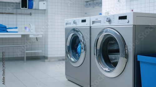 Wallpaper Mural Modern Laundry Room with Silver Washers and Clean Towels in a Bright, Functional Environment Torontodigital.ca