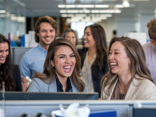 Grupo de colegas felices en una oficina. Dos mujeres se ríen y están en primer plano
