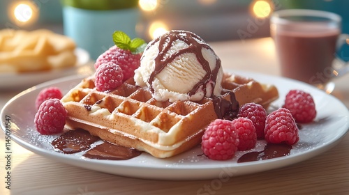 A close-up of a waffle with vanilla ice cream chocolate sauce and fresh raspberries on a white plate