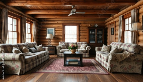Country Cabin Living Room with overstuffed furniture, floral patterns, and a cozy