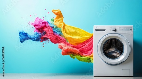 Bright colors of washed clothes spinning in a washing machine on a blue background