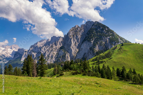 Donnerkogel Mountain in Alps, Gosau, Gmunden district, Upper Austria federal state, sunny summer day photo