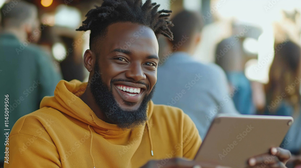 Smiling male professional working on digital tablet while sitting in stylish urban cafe, browsing online content Smiling male professional working on digital tablet while sitting in stylish urban cafe, browsing online content