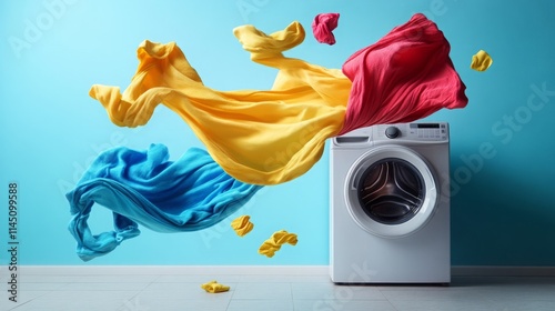 Bright colors of washed clothes spinning in a washing machine on a blue background