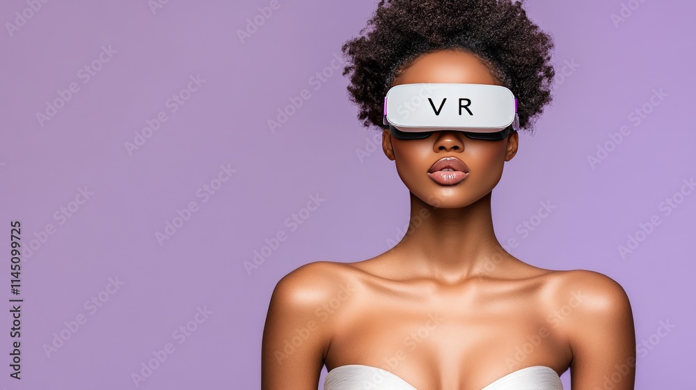Confident woman wearing a white VR headset against a soft lavender gradient background highlighting futuristic technology and minimalist aesthetics Confident woman wearing a white VR headset against a soft lavender gradient background highlighting futuristic technology and minimalist aesthetics
