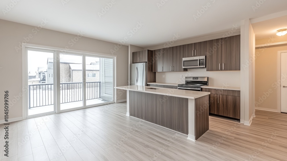 Fototapeta premium Modern Kitchen Island and Sliding Glass Balcony Doors