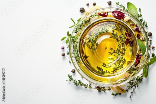 Minimalistic culinary art with herbs and olive oil for gourmet recipes and kitchen decor photo