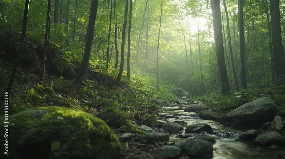 Sunlit stream flows through a lush, mossy forest. Sunlit stream flows through a lush, mossy forest.