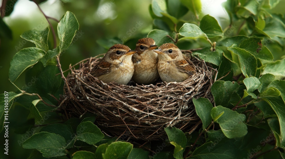 Three baby birds huddled together in a nest nestled in a leafy tree. Three baby birds huddled together in a nest nestled in a leafy tree.