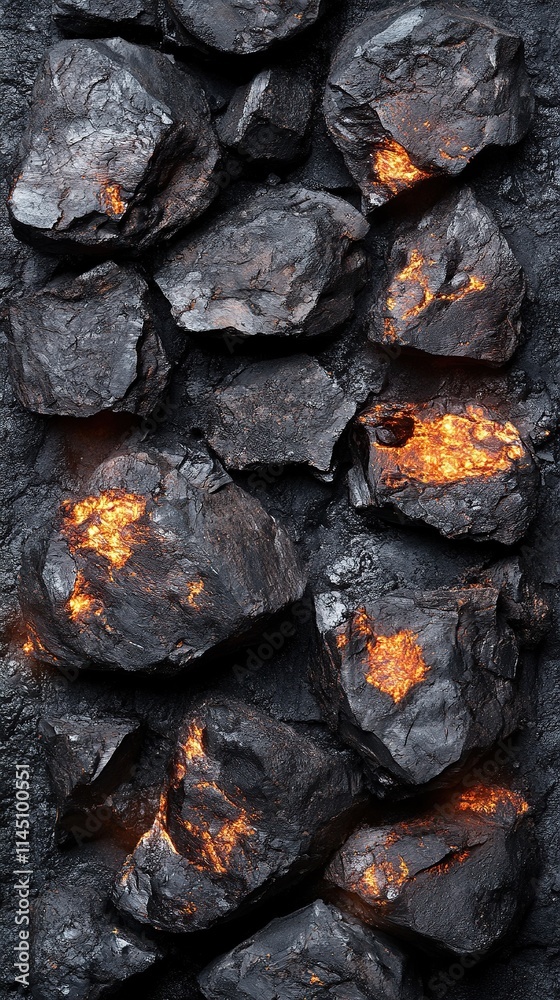 Glowing embers in dark coal rocks. Glowing embers in dark coal rocks.