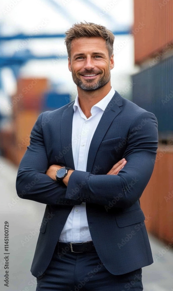 Confident business professional standing with arms crossed at a shipping yard in a modern urban setting Confident business professional standing with arms crossed at a shipping yard in a modern urban setting