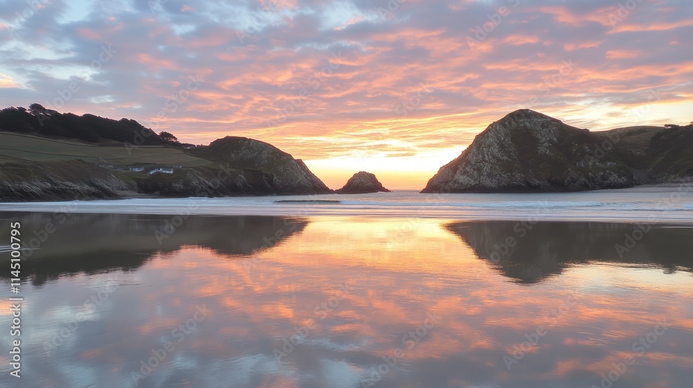 Fototapeta premium Coastal Sunset Reflecting in Calm Ocean Waters