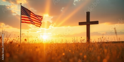A serene sunset scene featuring the American flag and a cross, symbolizing faith, patriotism, and hope in a tranquil landscape.