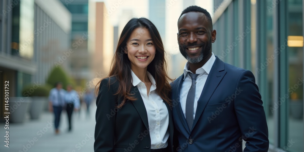 Professional and confident business partners smiling together in an urban setting, representing teamwork and diversity in the workplace. Professional and confident business partners smiling together in an urban setting, representing teamwork and diversity in the workplace.