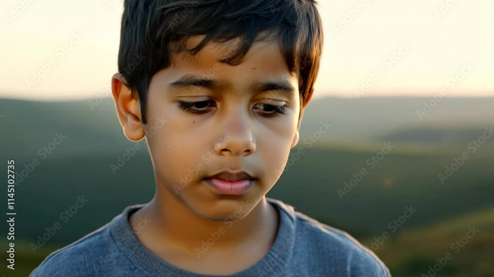 Pensive Young Boy Contemplates Serene Sunset Landscape, Peaceful Child Portrait Pensive Young Boy Contemplates Serene Sunset Landscape, Peaceful Child Portrait