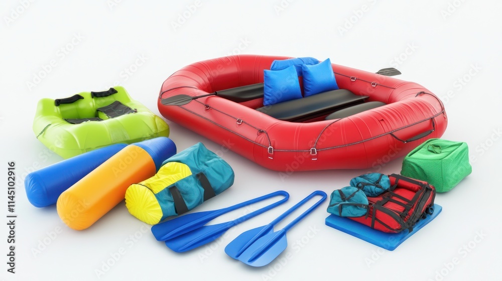 Red inflatable raft with paddles, bags, and life vests isolated on white background.