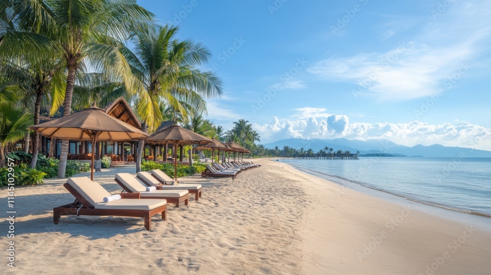 Tranquil Tropical Beach with Sun Loungers and Palm Trees on a Sunny Day Near Calm Blue Ocean Tranquil Tropical Beach with Sun Loungers and Palm Trees on a Sunny Day Near Calm Blue Ocean