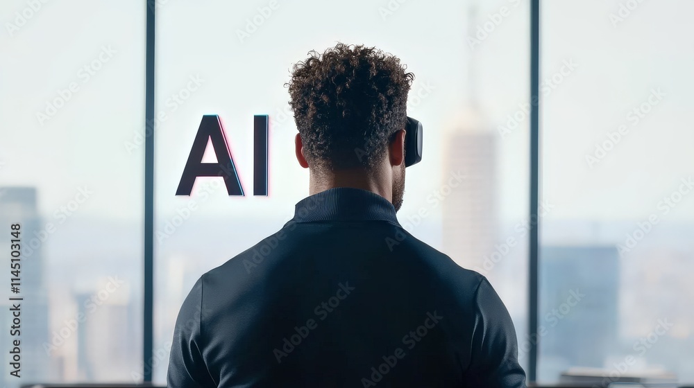 Fototapeta premium Thoughtful businessman gazing at a futuristic city skyline through AI-powered smart glasses highlighting innovation and intelligent technology integration