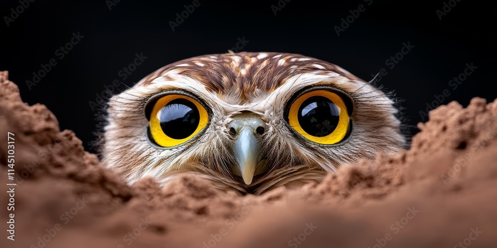 Small owl with yellow eyes peeks out from behind a mound of dirt. Concept of curiosity and playfulness, as the owl seems to be looking out from a hidden spot Small owl with yellow eyes peeks out from behind a mound of dirt. Concept of curiosity and playfulness, as the owl seems to be looking out from a hidden spot
