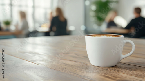 White cup of cappuccino standing on a wooden table in a cafe with blurred people in the background