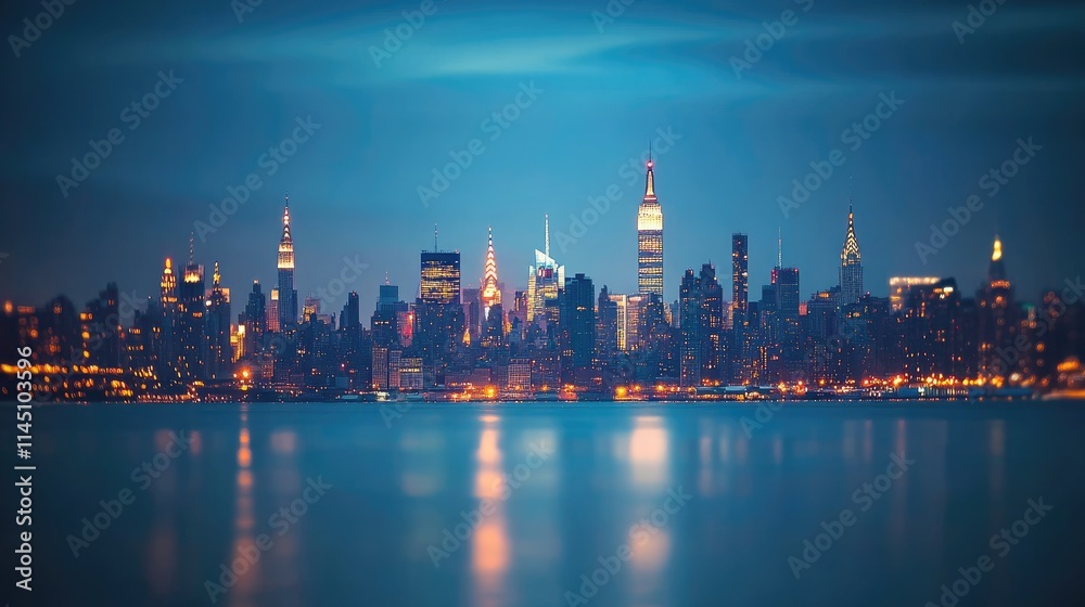 Fototapeta premium Nighttime view of the illuminated New York City skyline