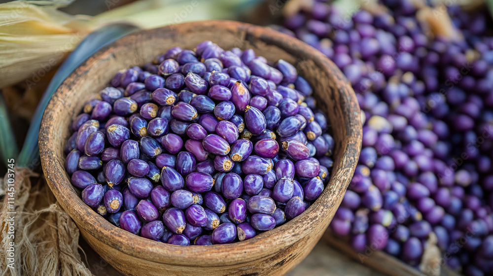 Blue corn kernels and cobs, maize crop harvest, agriculture plant food, raw heap of organic mexican snack, top view of appetizing purple grain, fresh and healthy vegetable. Blue corn kernels and cobs, maize crop harvest, agriculture plant food, raw heap of organic mexican snack, top view of appetizing purple grain, fresh and healthy vegetable.