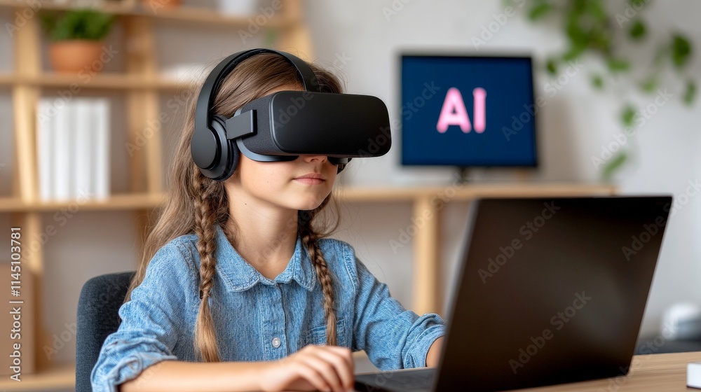 Young girl engaging with artificial intelligence through an online learning platform blending AI-driven education with modern remote teaching tools