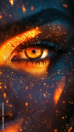 Close-up eye, orange glitter, dark background, fiery sparks.