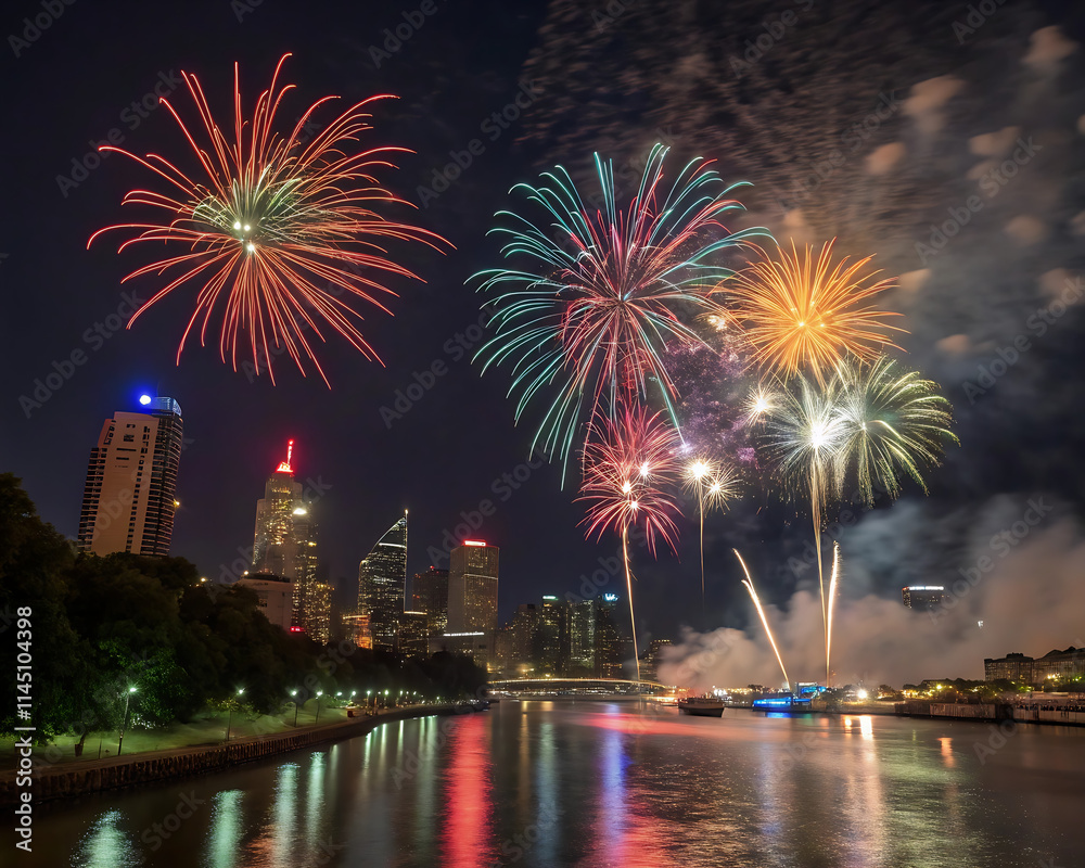 Christmas fireworks over city skyline and river, vibrant colors and celebration atmosphere Christmas fireworks over city skyline and river, vibrant colors and celebration atmosphere