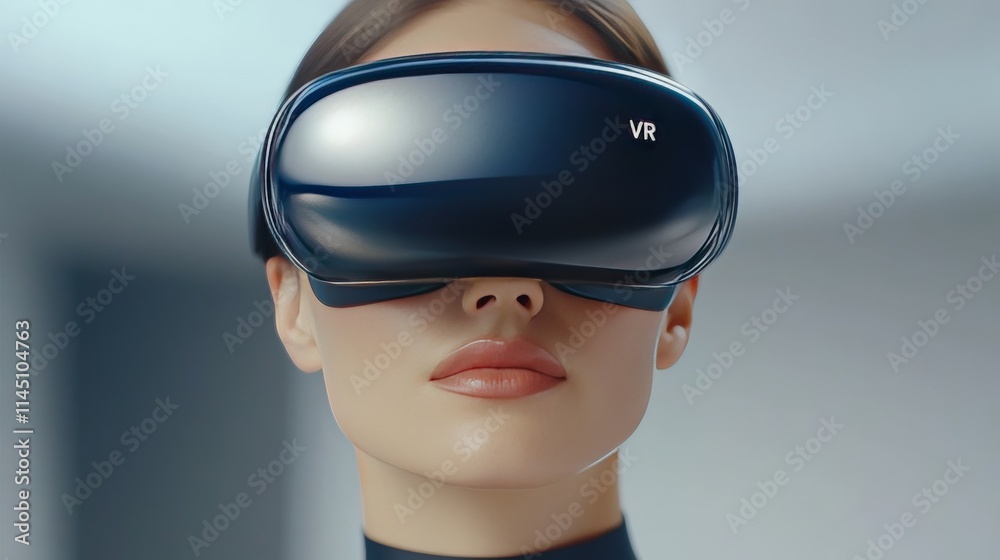 Close-up futuristic VR headset with reflective lenses worn by tech-savvy individual capturing the essence of modern innovation and immersive augmented reality design Close-up futuristic VR headset with reflective lenses worn by tech-savvy individual capturing the essence of modern innovation and immersive augmented reality design