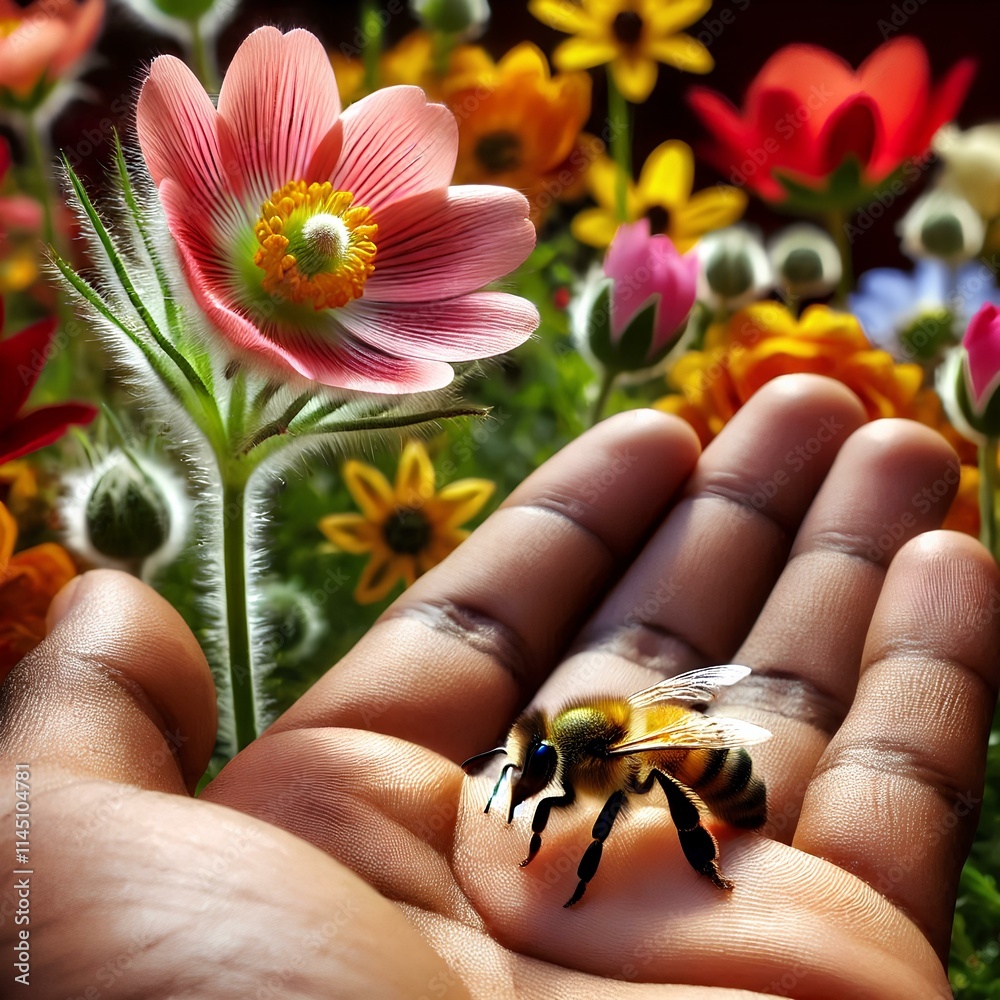 close up of a bee on hand close up of a bee on hand