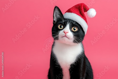 Black and white cat wearing a Santa hat. The cat is looking at the camera with a curious expression