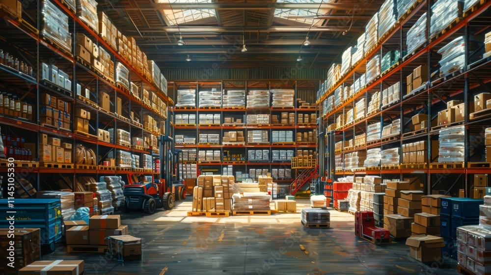 A large warehouse with many boxes stacked on shelves A large warehouse with many boxes stacked on shelves