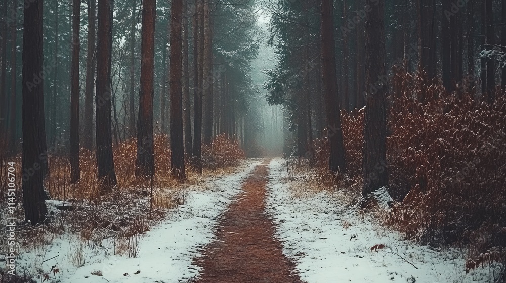 Naklejka premium Snowy Path Through A Misty Winter Forest