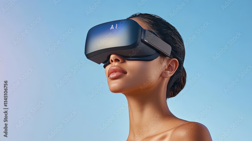 Modern studio shot of a woman wearing an advanced AI virtual reality headset emphasizing sleek design immersive experiences and futuristic technology against a clear blue background Modern studio shot of a woman wearing an advanced AI virtual reality headset emphasizing sleek design immersive experiences and futuristic technology against a clear blue background