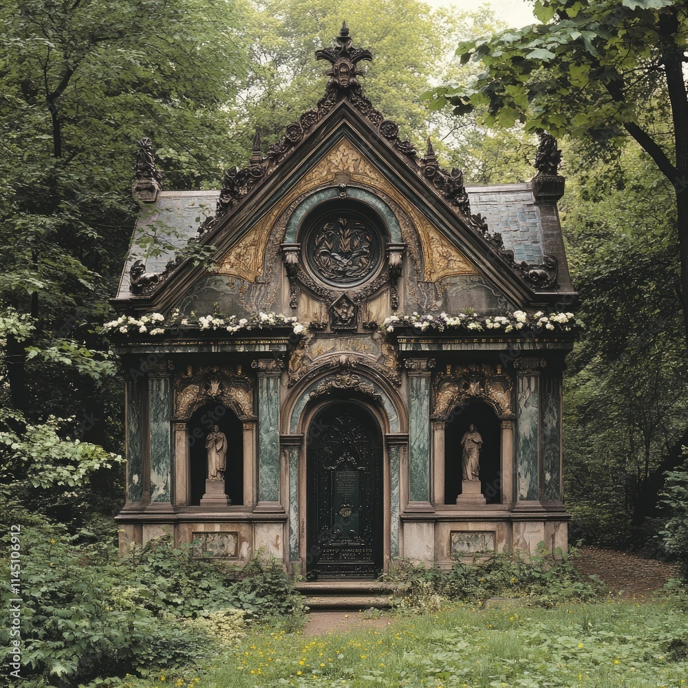 Ornate Mausoleum Nestled Within Lush Green Forest Ornate Mausoleum Nestled Within Lush Green Forest