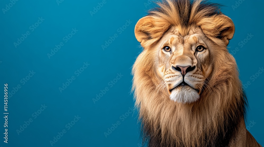 Fototapeta premium Lion with a long mane stands in front of a blue background. The lion's eyes are focused on the camera, giving the impression of a strong and confident animal