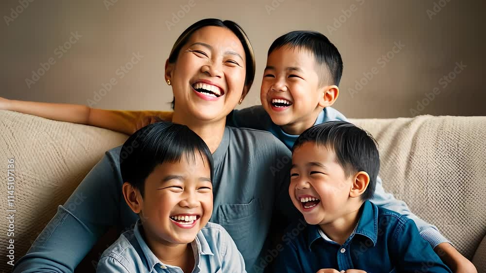 Happy Mother Enjoying Quality Time with Her Laughing Children on a Comfortable Sofa in a Cozy Home Setting
Happy Mother Enjoying Quality Time with Her Laughing Children on a Comfortable Sofa in a Cozy Home Setting