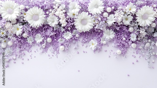 Lavender and white flowers with pearls on purple background.