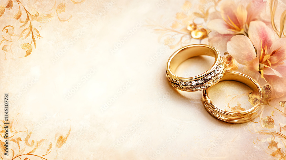 Wedding rings on a wedding invitation background