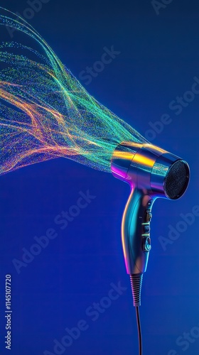 Iridescent hairdryer with colorful energy stream.