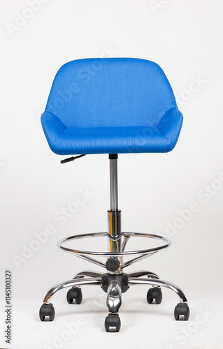 Studio shot of front facing office concept blue swivel stool with modern design, isolated on white