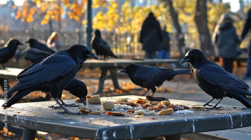 Obraz premium Crows feeding on bread crumbs at a park table with blurred people in background.