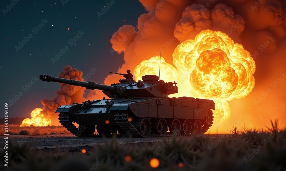 Military tank intense explosion night sky stars fiery Military tank intense explosion night sky stars fiery