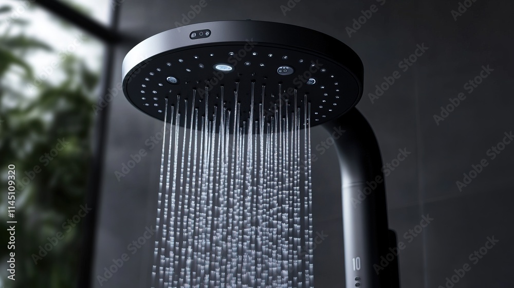 Modern black shower head with water flowing. Modern black shower head with water flowing.