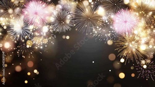 Vibrant fireworks burst into various colors above a black background, symbolizing joy and celebration for the New Year festivities photo