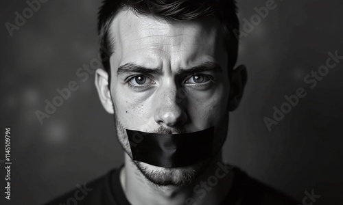 Black and white portrait intense eyes censorship mouth